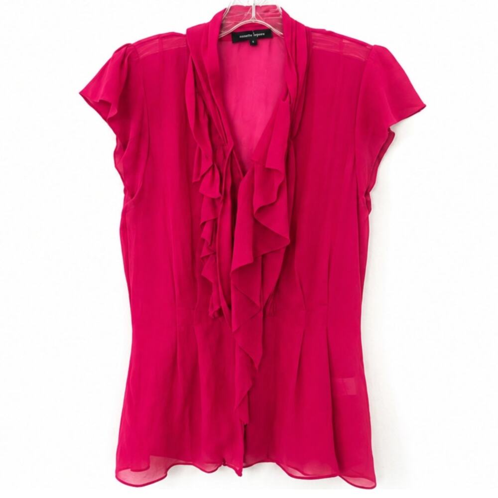 Nanette Lepore Silk Sheer Ruffle Top Button-Up Blouse Sz Small (4) Fuchsia Pink